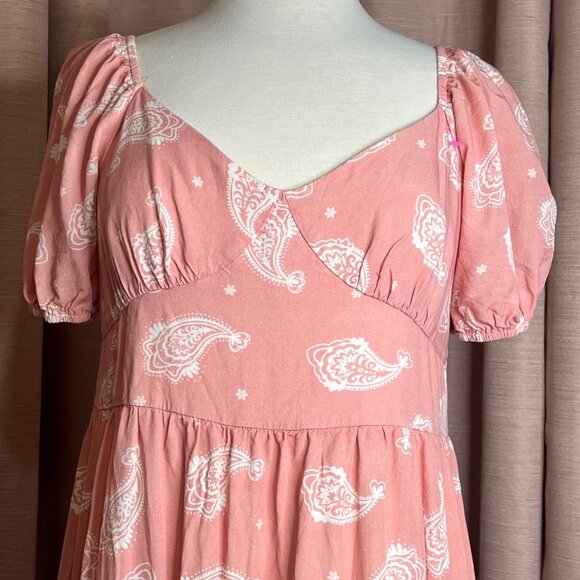 PatPat Pink Boho Paisley Midi Dress XL Short Puff Sleeves V-Neck 100% Viscose Ru - Picture 5 of 16